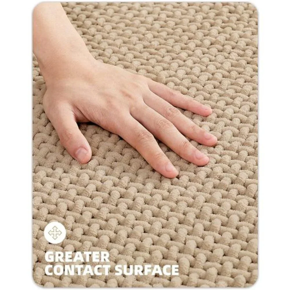 Beige Chenille Bathroom Rugs- Non Slip, Absorbent, Quick Dry, Thin, Washable